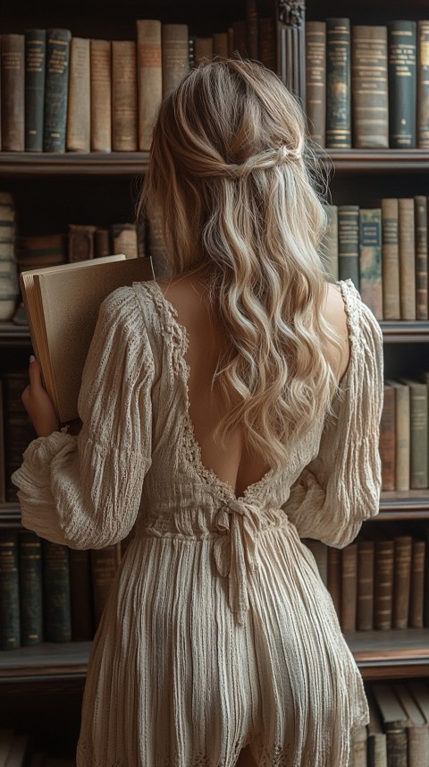 Back Shot of a Woman Reaching for a Book on a Shelf – Feminine Blogger Aesthetic (30)