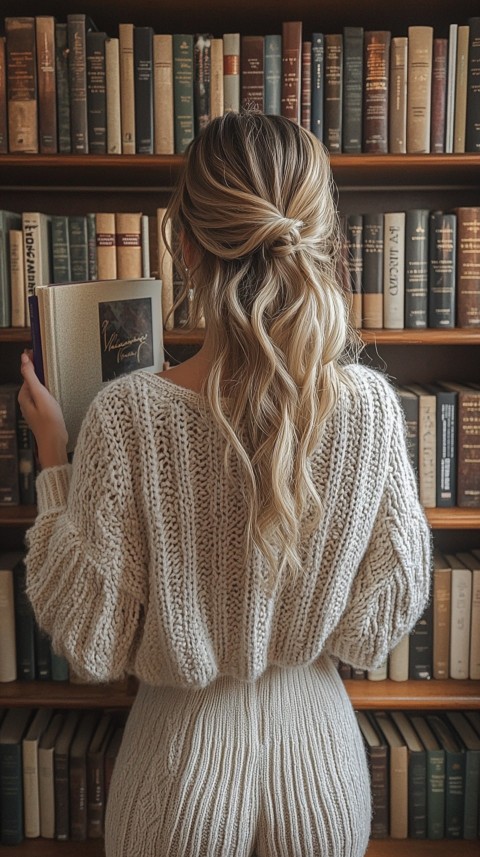 Back Shot of a Woman Reaching for a Book on a Shelf – Feminine Blogger Aesthetic (82)