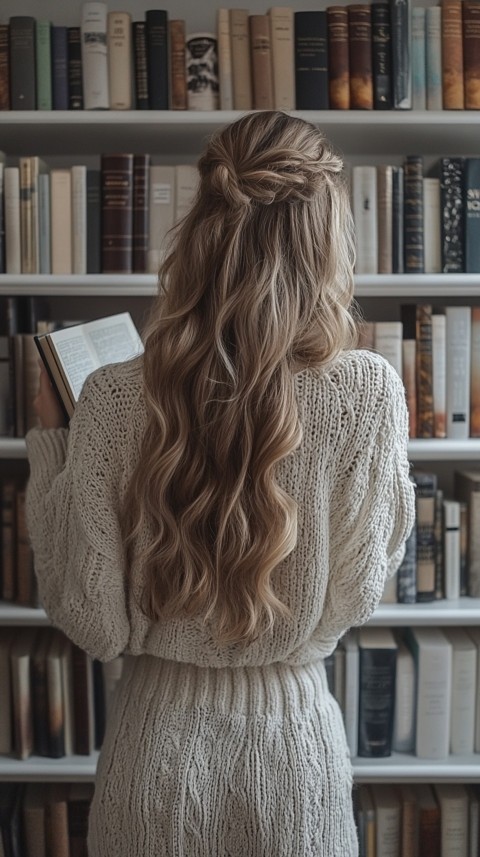 Back Shot of a Woman Reaching for a Book on a Shelf – Feminine Blogger Aesthetic (81)