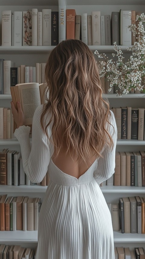 Back Shot of a Woman Reaching for a Book on a Shelf – Feminine Blogger Aesthetic (76)