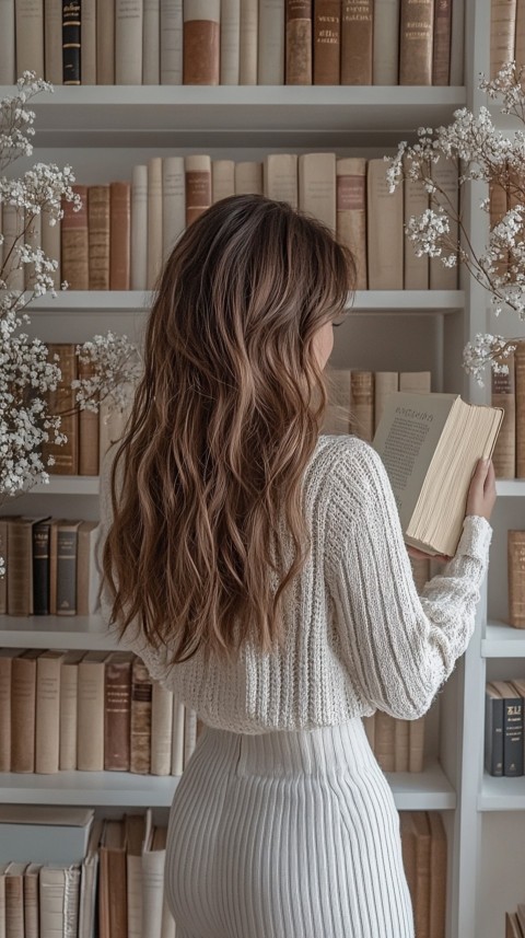 Back Shot of a Woman Reaching for a Book on a Shelf – Feminine Blogger Aesthetic (88)