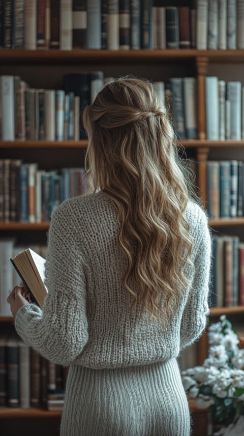 Back Shot of a Woman Reaching for a Book on a Shelf – Feminine Blogger Aesthetic (58)