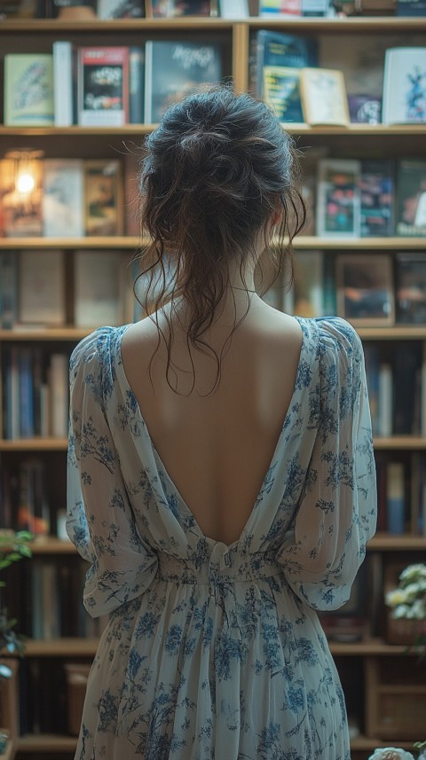 Back Shot of a Woman Reaching for a Book on a Shelf – Feminine Blogger Aesthetic (97)