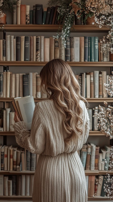 Back Shot of a Woman Reaching for a Book on a Shelf – Feminine Blogger Aesthetic (51)