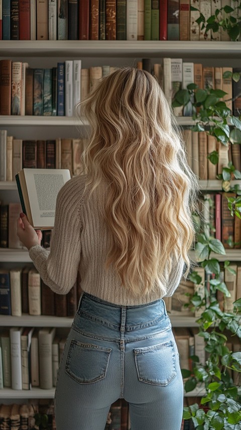 Back Shot of a Woman Reaching for a Book on a Shelf – Feminine Blogger Aesthetic (66)