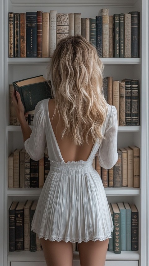 Back Shot of a Woman Reaching for a Book on a Shelf – Feminine Blogger Aesthetic (103)