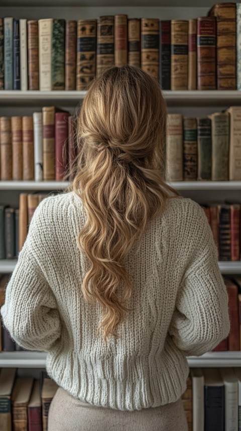 Back Shot of a Woman Reaching for a Book on a Shelf – Feminine Blogger Aesthetic (111)