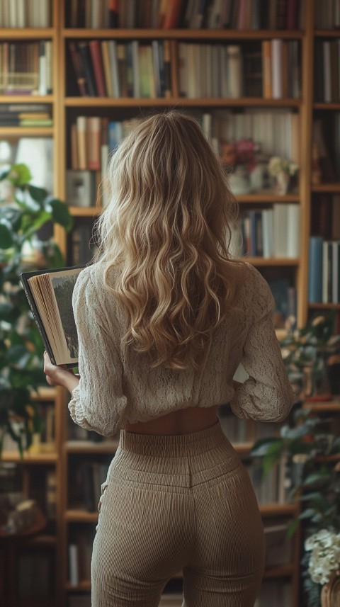 Back Shot of a Woman Reaching for a Book on a Shelf – Feminine Blogger Aesthetic (107)