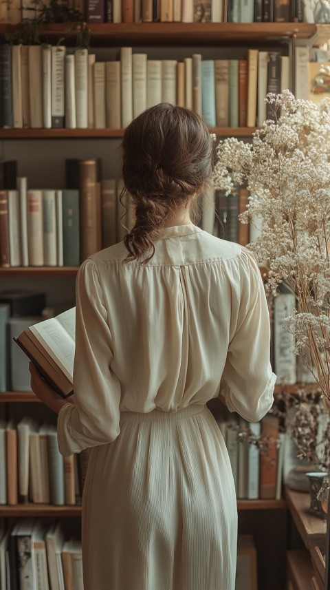 Back Shot of a Woman Reaching for a Book on a Shelf – Feminine Blogger Aesthetic (141)