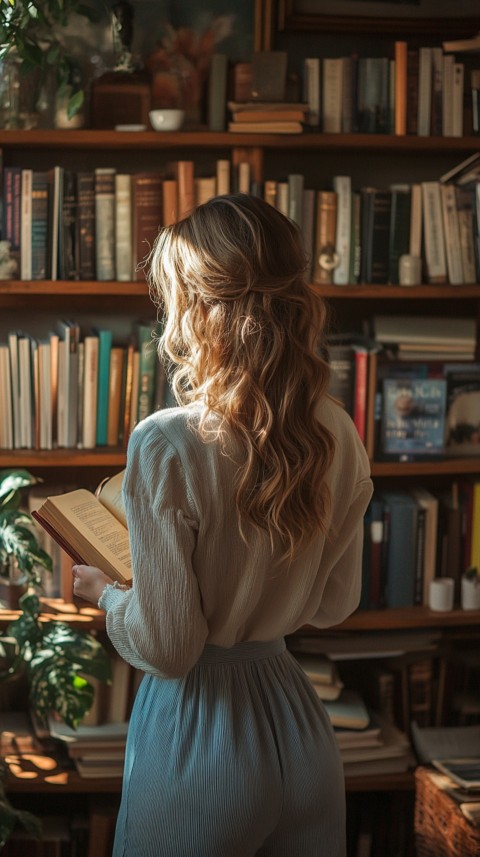 Back Shot of a Woman Reaching for a Book on a Shelf – Feminine Blogger Aesthetic (134)