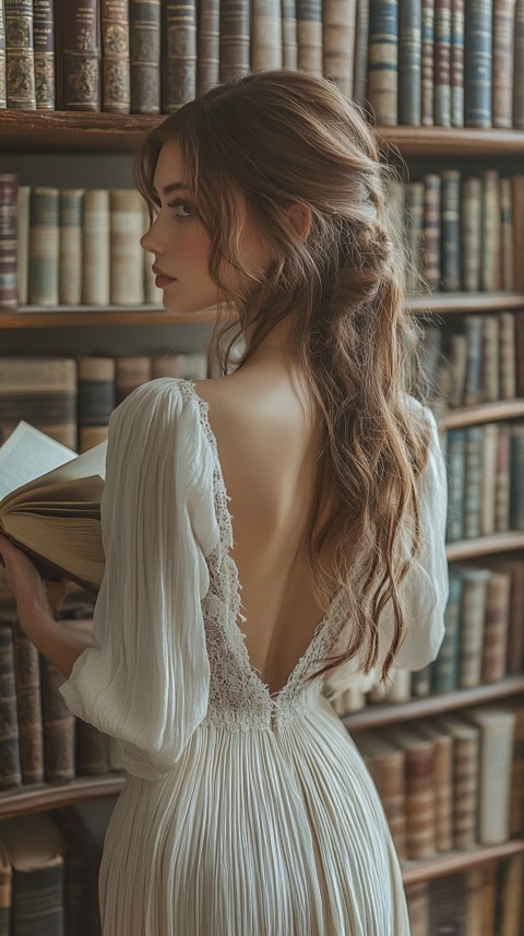 Back Shot of a Woman Reaching for a Book on a Shelf – Feminine Blogger Aesthetic (123)