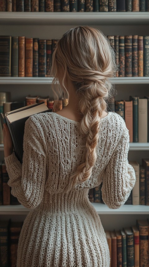 Back Shot of a Woman Reaching for a Book on a Shelf – Feminine Blogger Aesthetic (121)