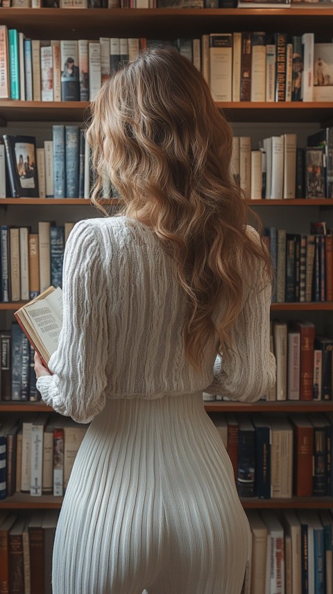 Back Shot of a Woman Reaching for a Book on a Shelf – Feminine Blogger Aesthetic (124)