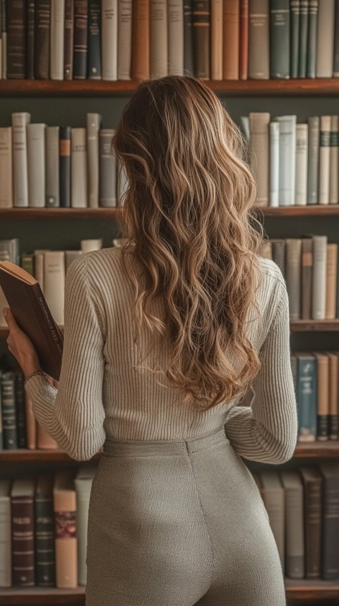 Back Shot of a Woman Reaching for a Book on a Shelf – Feminine Blogger Aesthetic (148)