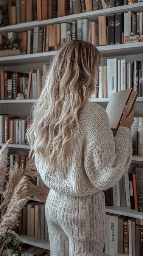 Back Shot of a Woman Reaching for a Book on a Shelf – Feminine Blogger Aesthetic (101)