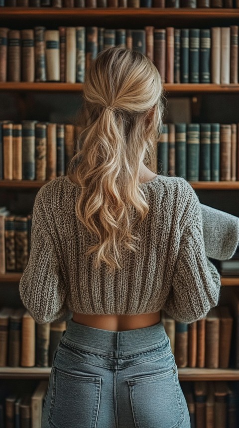 Back Shot of a Woman Reaching for a Book on a Shelf – Feminine Blogger Aesthetic (118)