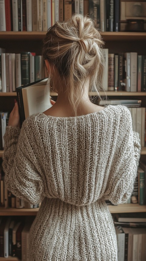 Back Shot of a Woman Reaching for a Book on a Shelf – Feminine Blogger Aesthetic (125)