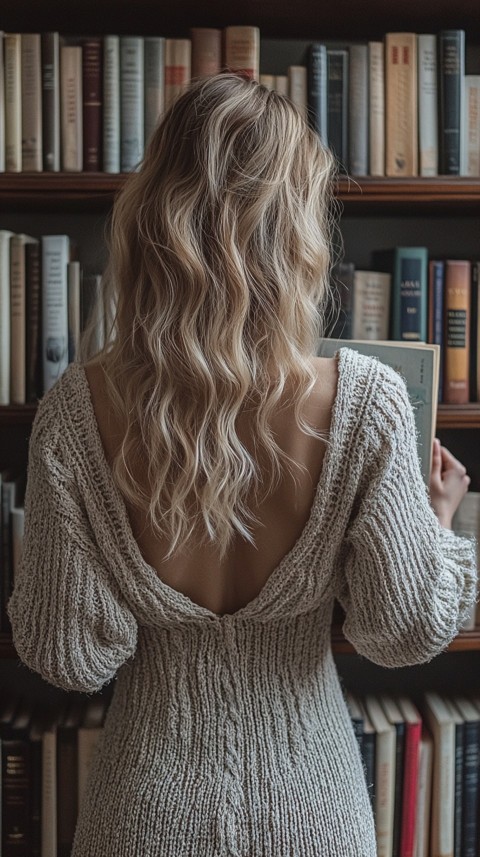 Back Shot of a Woman Reaching for a Book on a Shelf – Feminine Blogger Aesthetic (108)