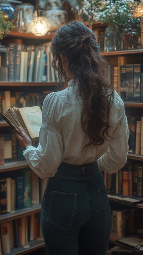 Back Shot of a Woman Reaching for a Book on a Shelf – Feminine Blogger Aesthetic (196)