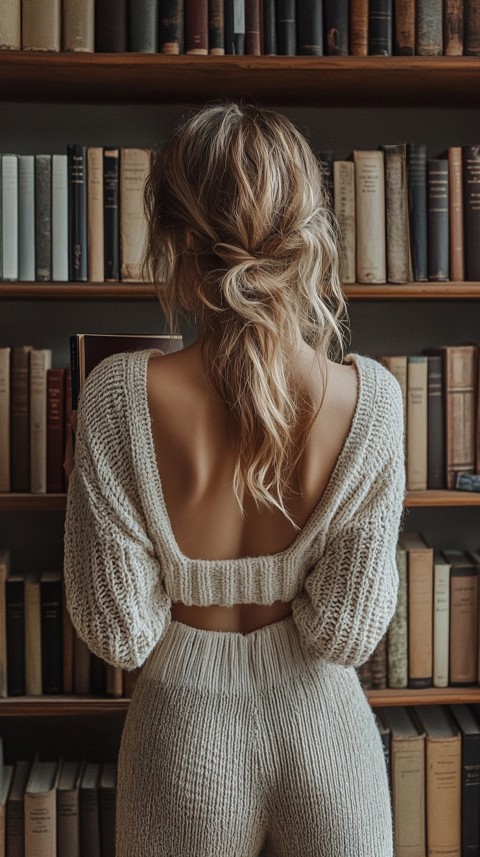 Back Shot of a Woman Reaching for a Book on a Shelf – Feminine Blogger Aesthetic (175)