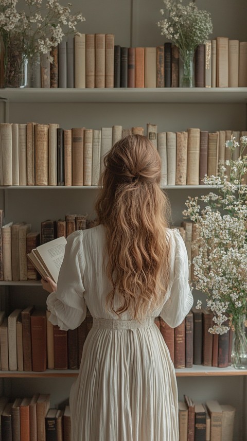 Back Shot of a Woman Reaching for a Book on a Shelf – Feminine Blogger Aesthetic (171)