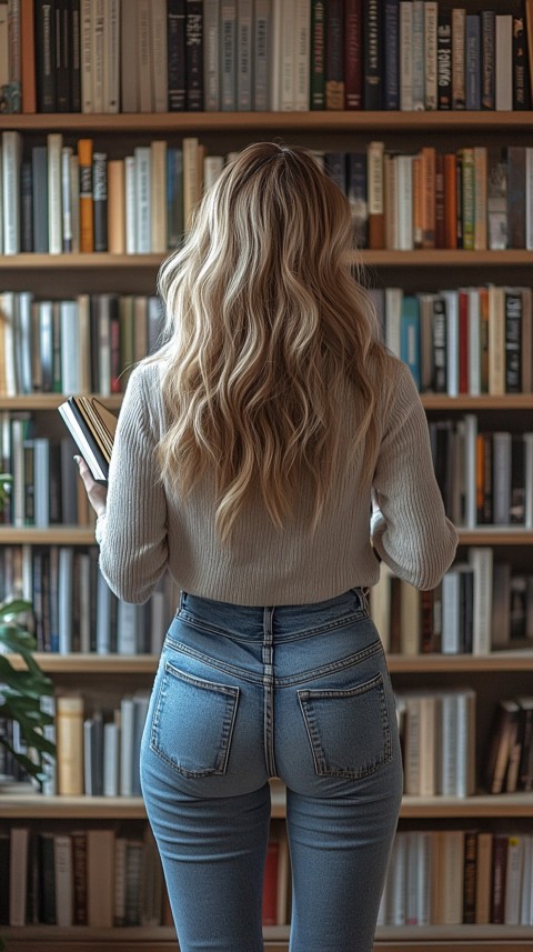 Back Shot of a Woman Reaching for a Book on a Shelf – Feminine Blogger Aesthetic (193)