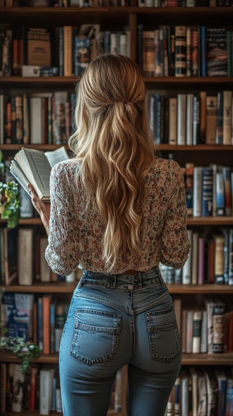 Back Shot of a Woman Reaching for a Book on a Shelf – Feminine Blogger Aesthetic (174)