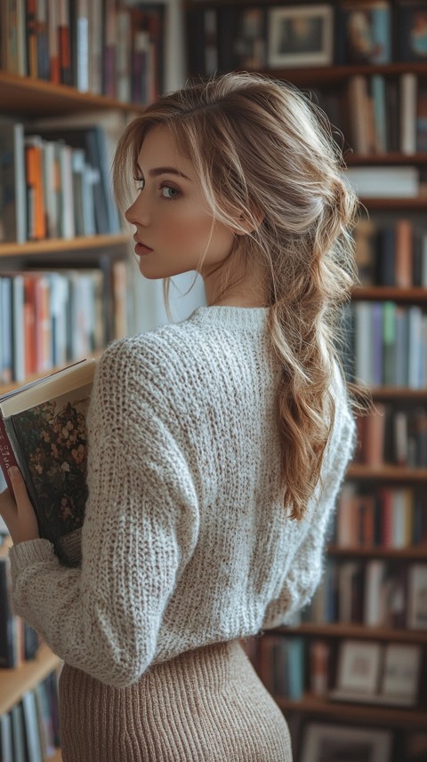 Back Shot of a Woman Reaching for a Book on a Shelf – Feminine Blogger Aesthetic (186)