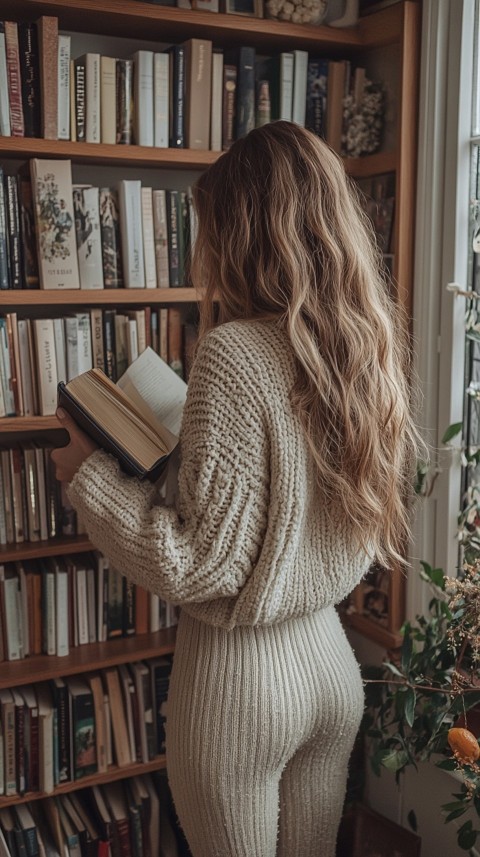 Back Shot of a Woman Reaching for a Book on a Shelf – Feminine Blogger Aesthetic (155)