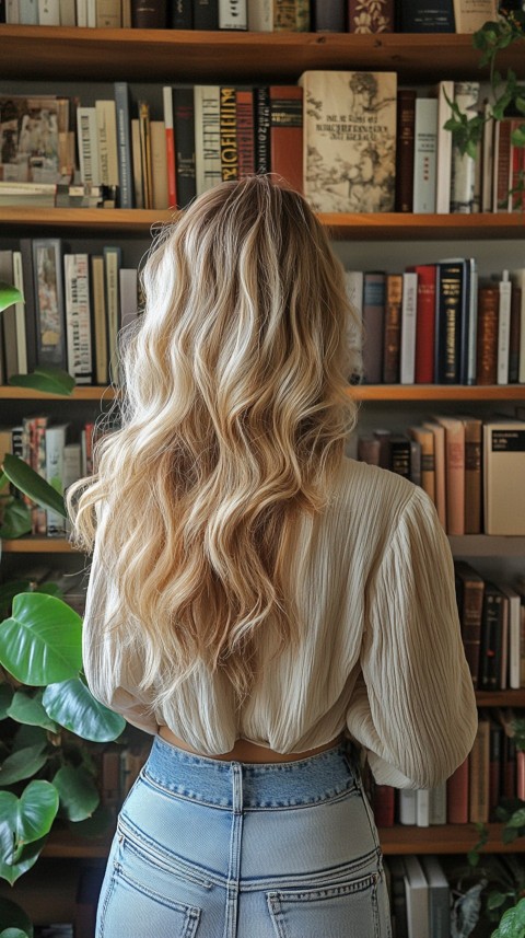 Back Shot of a Woman Reaching for a Book on a Shelf – Feminine Blogger Aesthetic (165)