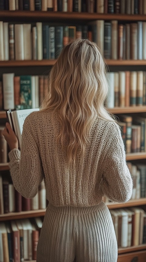 Back Shot of a Woman Reaching for a Book on a Shelf – Feminine Blogger Aesthetic (152)