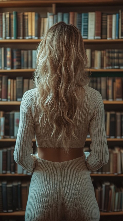 Back Shot of a Woman Reaching for a Book on a Shelf – Feminine Blogger Aesthetic (218)