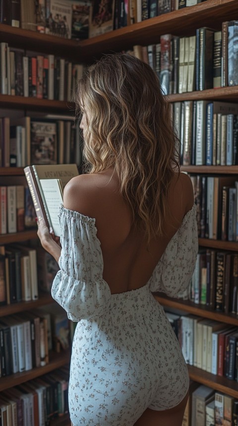 Back Shot of a Woman Reaching for a Book on a Shelf – Feminine Blogger Aesthetic (229)