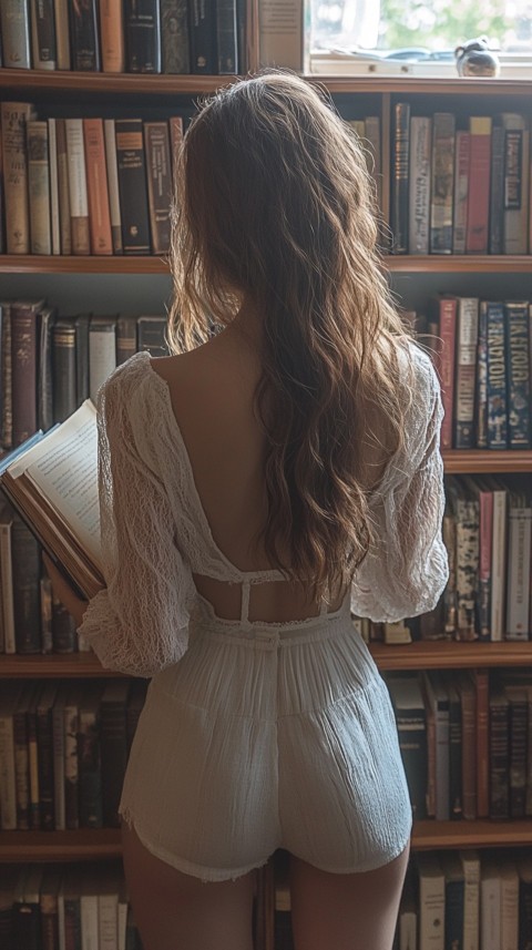 Back Shot of a Woman Reaching for a Book on a Shelf – Feminine Blogger Aesthetic (226)