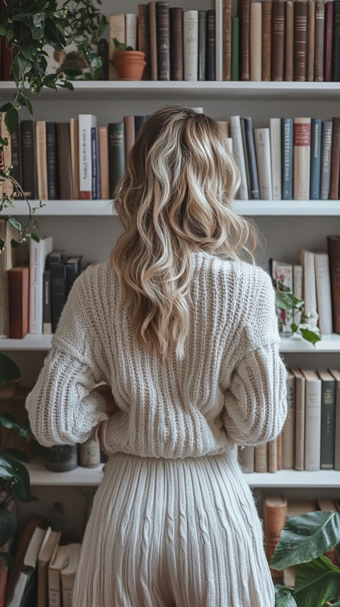 Back Shot of a Woman Reaching for a Book on a Shelf – Feminine Blogger Aesthetic (217)