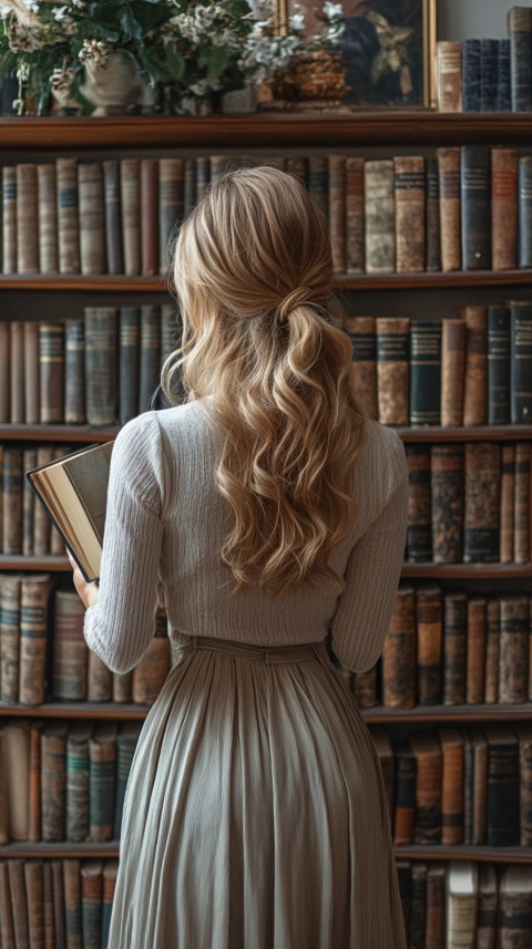 Back Shot of a Woman Reaching for a Book on a Shelf – Feminine Blogger Aesthetic (234)