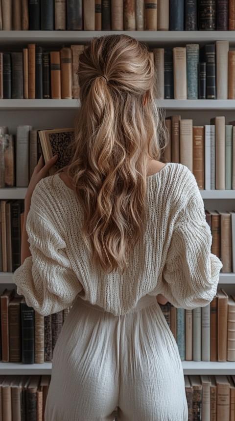 Back Shot of a Woman Reaching for a Book on a Shelf – Feminine Blogger Aesthetic (202)