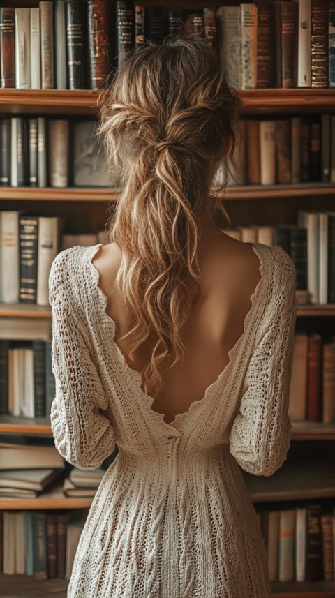 Back Shot of a Woman Reaching for a Book on a Shelf – Feminine Blogger Aesthetic (240)