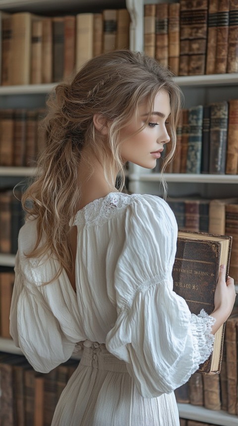 Back Shot of a Woman Reaching for a Book on a Shelf – Feminine Blogger Aesthetic (245)