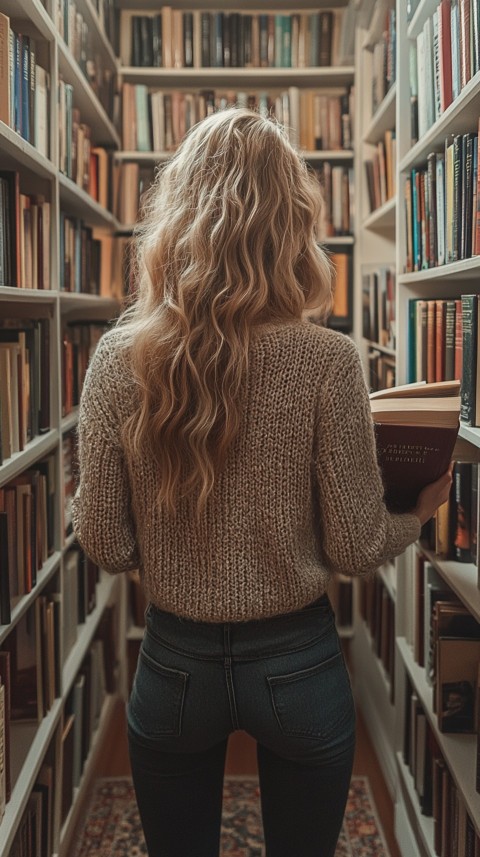 Back Shot of a Woman Reaching for a Book on a Shelf – Feminine Blogger Aesthetic (230)