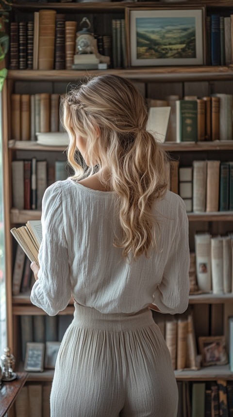 Back Shot of a Woman Reaching for a Book on a Shelf – Feminine Blogger Aesthetic (213)