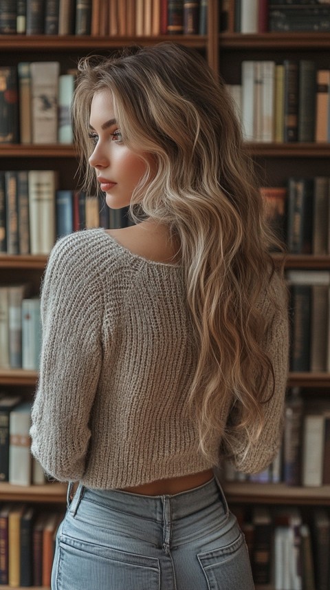 Back Shot of a Woman Reaching for a Book on a Shelf – Feminine Blogger Aesthetic (227)