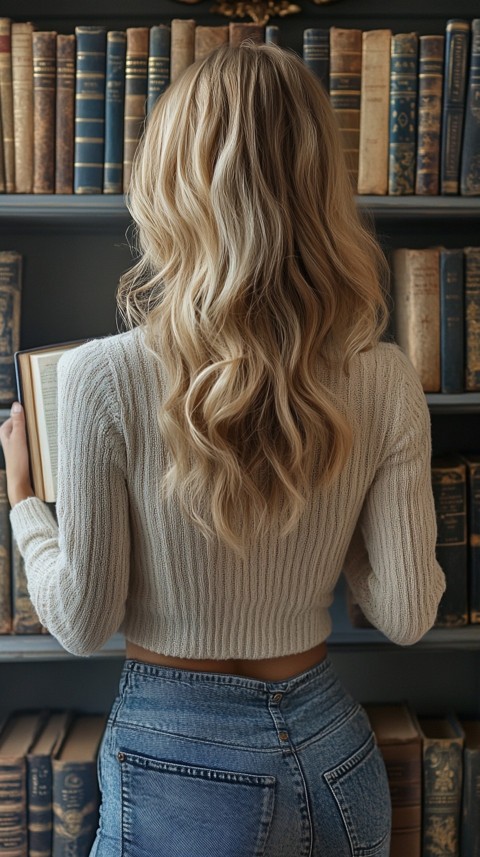 Back Shot of a Woman Reaching for a Book on a Shelf – Feminine Blogger Aesthetic (211)