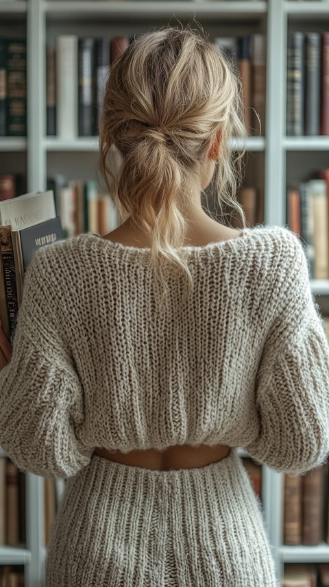 Back Shot of a Woman Reaching for a Book on a Shelf – Feminine Blogger Aesthetic (215)