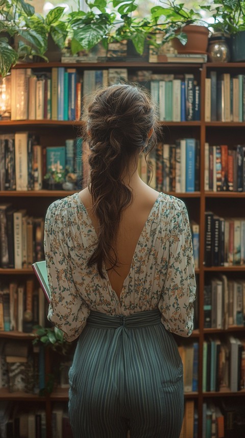 Back Shot of a Woman Reaching for a Book on a Shelf – Feminine Blogger Aesthetic (203)