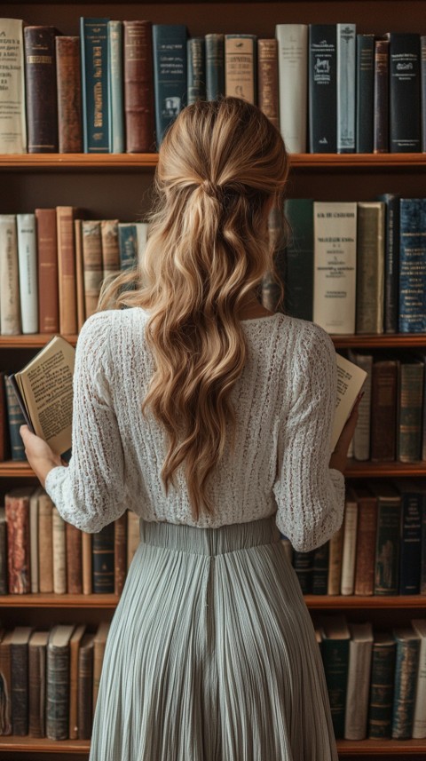 Back Shot of a Woman Reaching for a Book on a Shelf – Feminine Blogger Aesthetic (222)