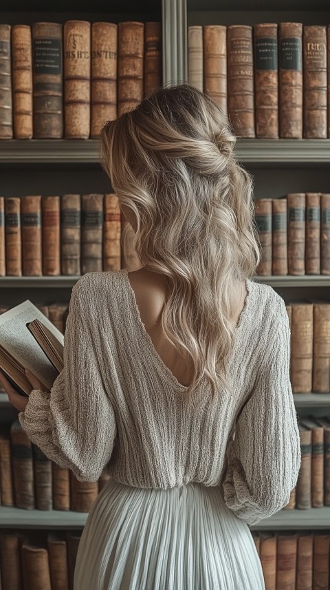 Back Shot of a Woman Reaching for a Book on a Shelf – Feminine Blogger Aesthetic (249)