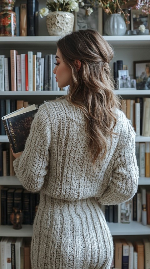 Back Shot of a Woman Reaching for a Book on a Shelf – Feminine Blogger Aesthetic (292)