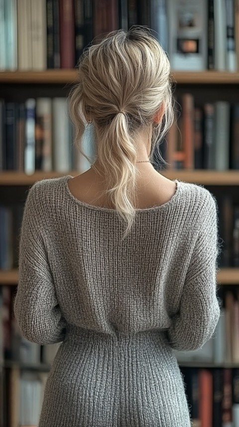 Back Shot of a Woman Reaching for a Book on a Shelf – Feminine Blogger Aesthetic (294)