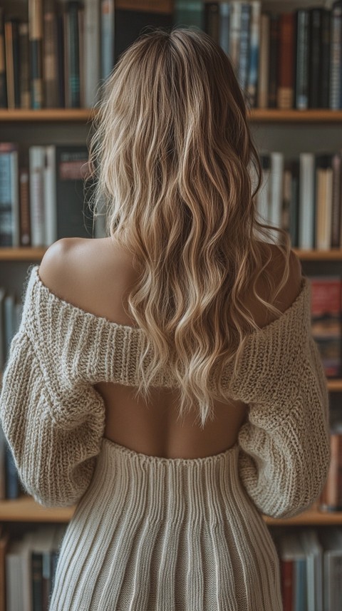 Back Shot of a Woman Reaching for a Book on a Shelf – Feminine Blogger Aesthetic (267)